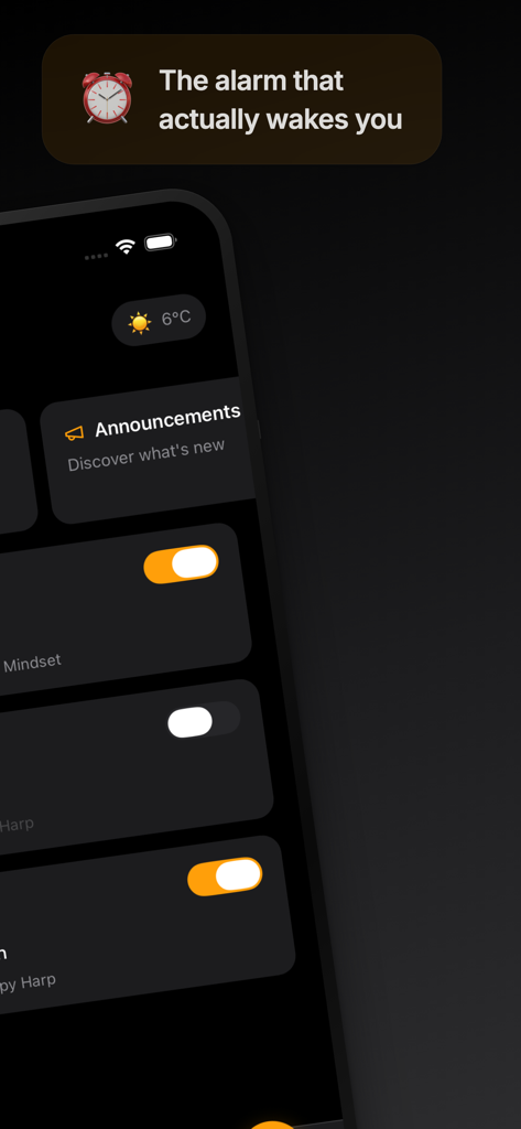 WakeNow: Loud Alarm Clock - WakeNow alarm clock app interface showing a list of alarms in dark mode.