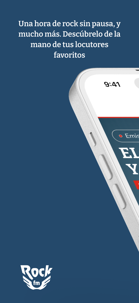 Pantalla de la app Radio Rock FM mostrando texto promocional en español sobre una hora de música rock ininterrumpida y el logo oficial