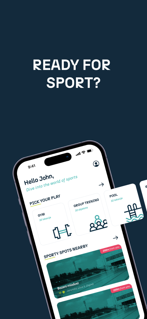 PassSport! - PassSport app interface showing gym and group training categories with nearby sports spots.