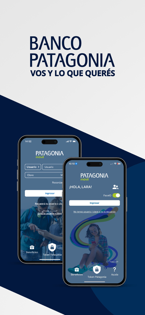 Patagonia Móvil - Due smartphone che mostrano l'interfaccia di login e la schermata di benvenuto dell'app bancaria Patagonia Móvil