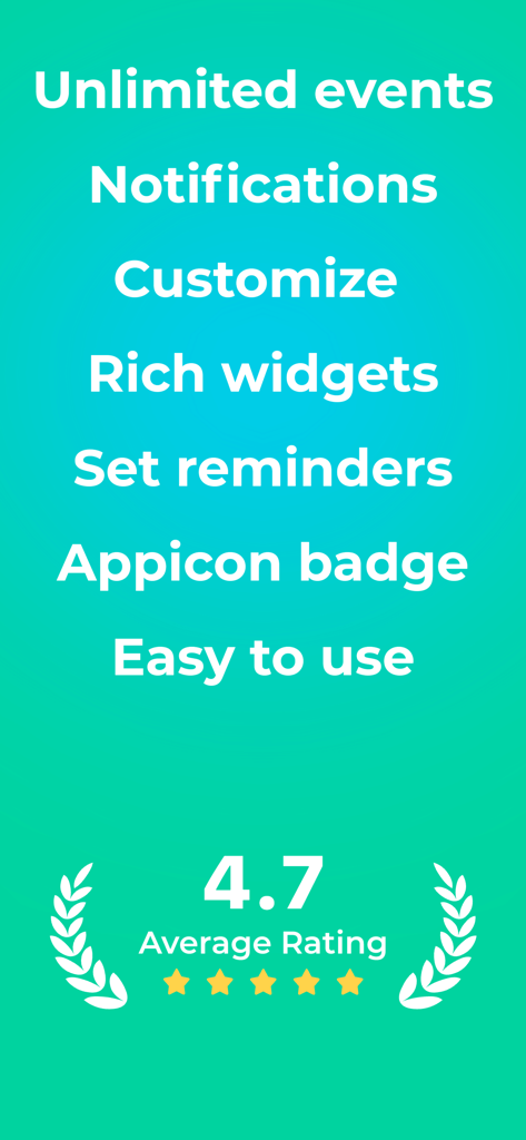 Countdown - Countdown Widget - A summary of Countdown app features including unlimited events and rich widgets with a four point seven star average rating on a teal background