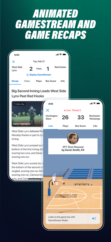 GameChanger - Visualizzazione dell'app GameChanger che mostra stream di gioco live animati e riepiloghi delle partite.