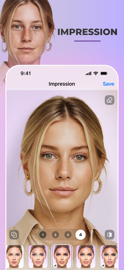 세련되고 자연스러운 셀카 변신을 위해 FaceApp 인상(Impression) 필터를 사용하는 여성