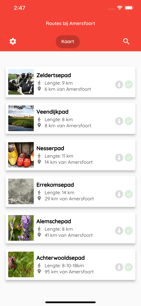Klompenpaden - A list of various hiking routes in the Klompenpaden app near Amersfoort showing trail names and lengths.