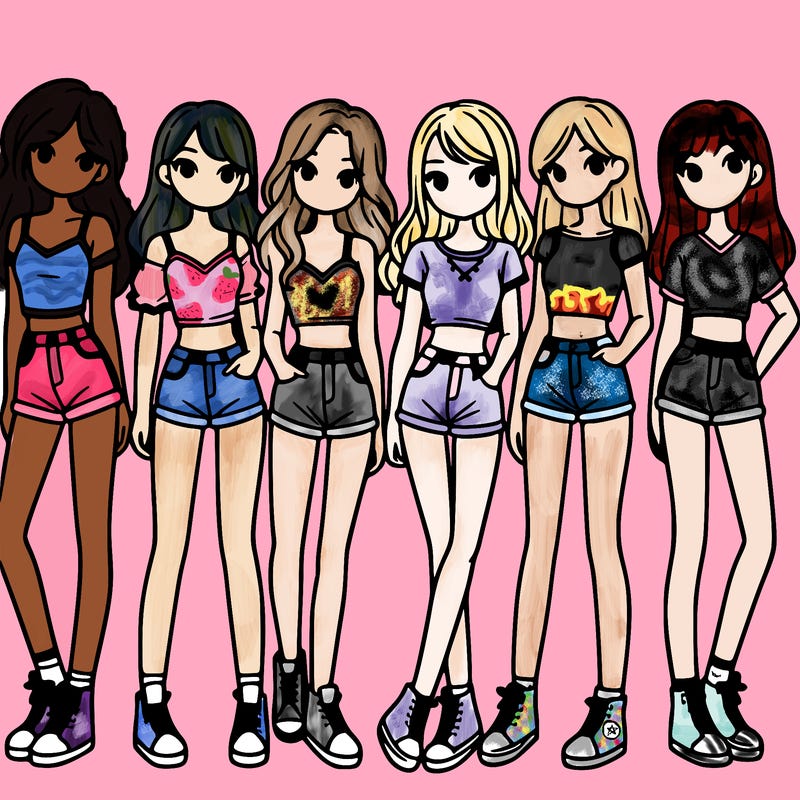 a group of girls wearing crop tops and shorts