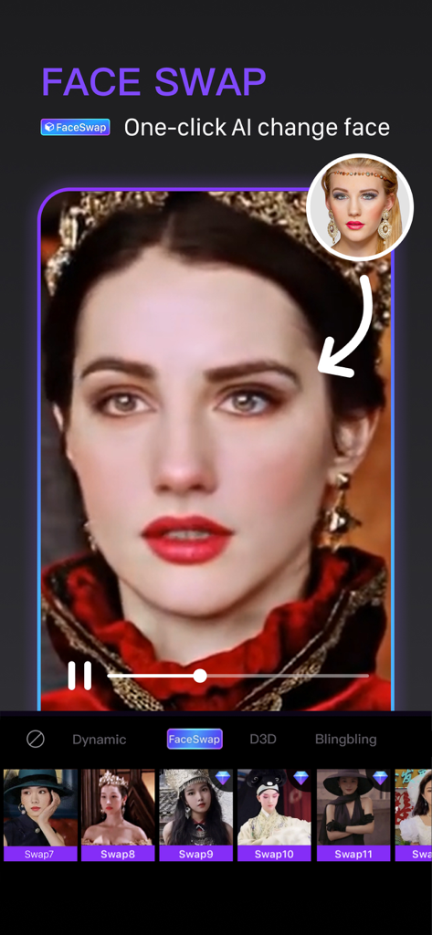 LoopArt - 3D Photo & Morph - LoopArt 앱 인터페이스, 역사적인 여왕 템플릿에 AI 얼굴 바꾸기를 보여줌