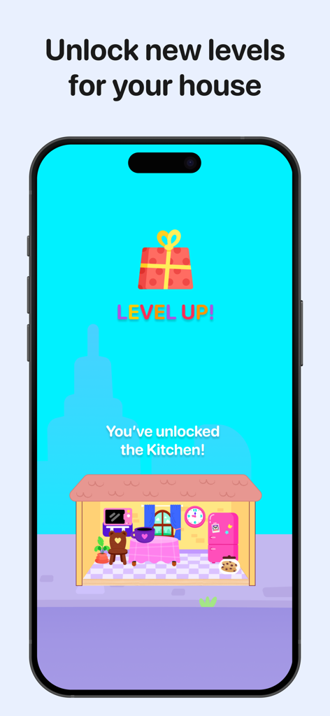 Lingokids Town - Lingokids Town app screenshot showing the kitchen room unlocked after a level up