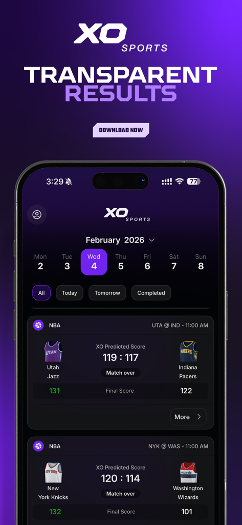 XO SPORTS - XO Sports app interface showing predicted and actual NBA scores
