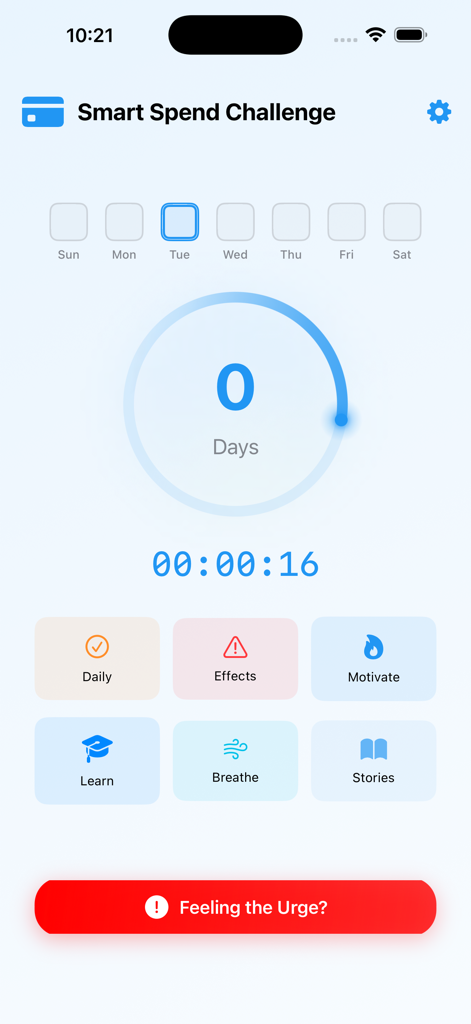 Smart Spend Challenge - Painel do aplicativo Desafio Gasto Inteligente com contador de dias sem gastar e botão de intervenção de emergência
