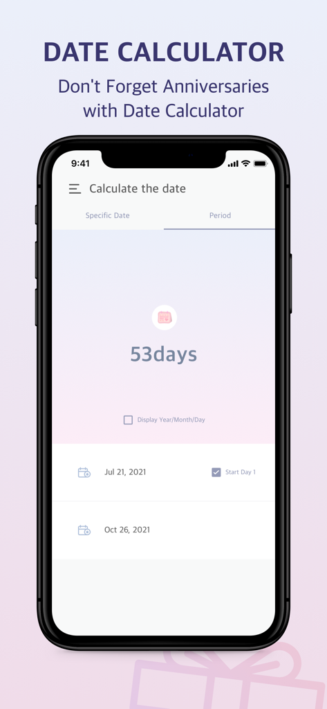 Screenshot of the Been Together app date calculator feature showing 53 days elapsed between two dates.