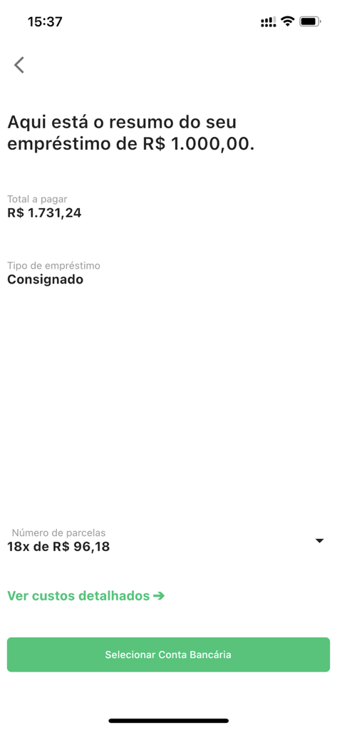 Mobile app interface showing a summary of a payroll deductible loan with installment details