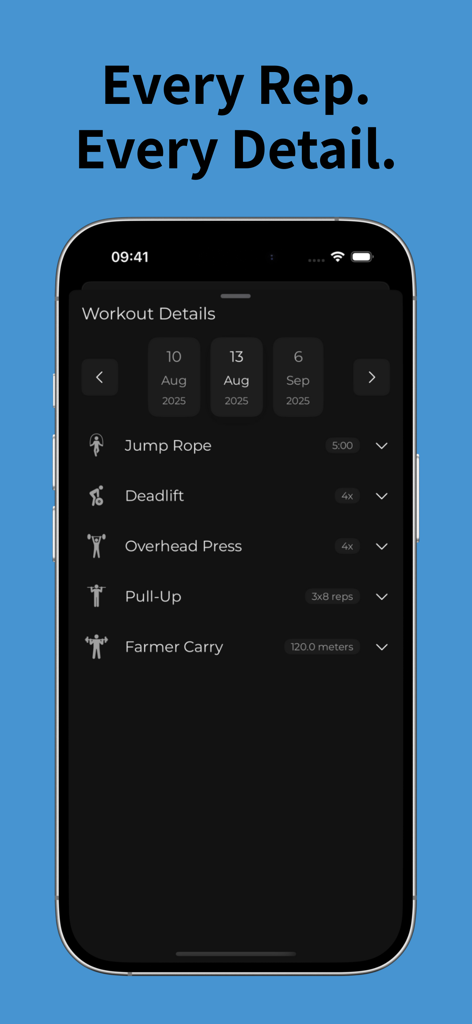 W8Log app screen displaying detailed workout history with exercises like deadlifts and pull-ups in dark mode