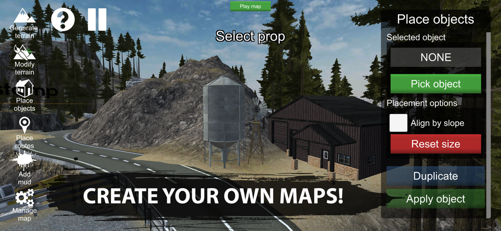 Interface do editor de mapas no Offroad Outlaws mostrando modificação de terreno e recursos de colocação de objetos