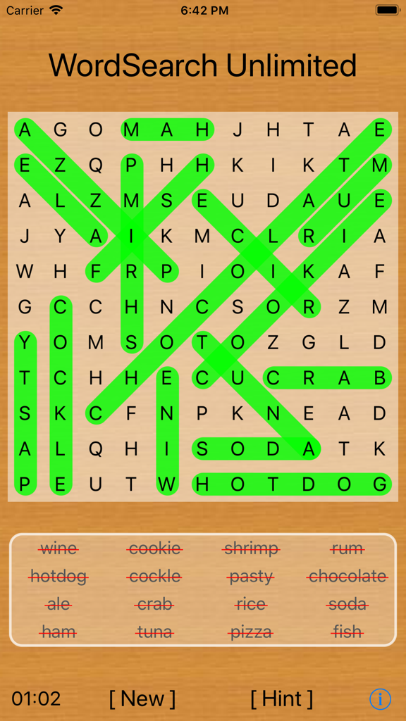 Word Search Unlimited - A completed food category word search puzzle in the Word Search Unlimited app with highlighted words.