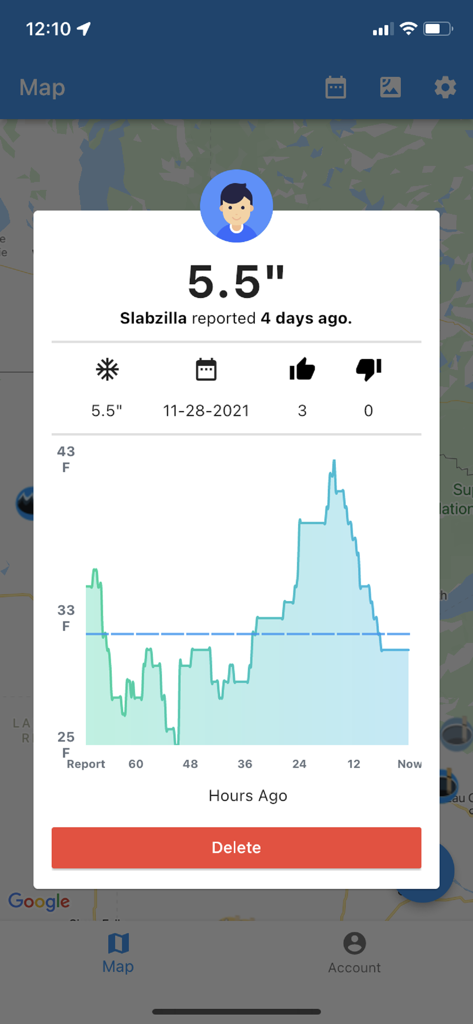 Ice Report app interface showing 5.5 inch ice thickness report details and temperature graph over a map