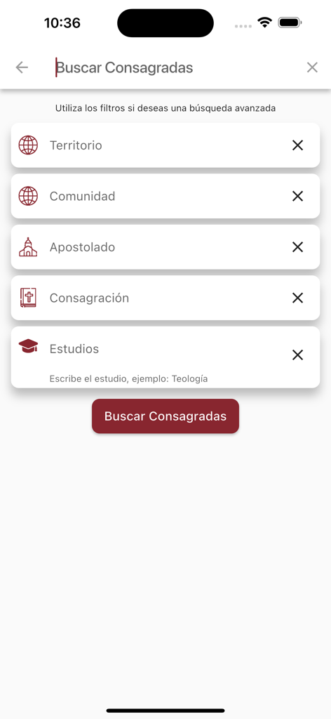 Search interface with directory filters for the Consagradas Regnum Christi community app