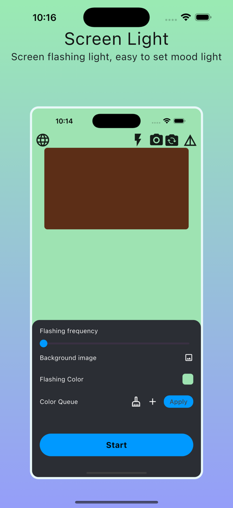 Interfaz para personalizar la frecuencia de intermitencia de la pantalla y los colores de iluminación ambiental dentro de la aplicación Selfie Light Camera