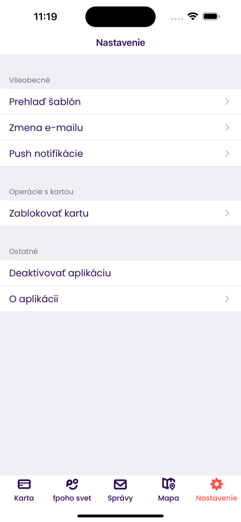 Settings menu of the fpoho mobile app showing account preferences and card security options