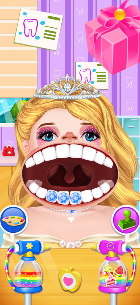 A princess character with blue star patterned braces in a dentist simulation game