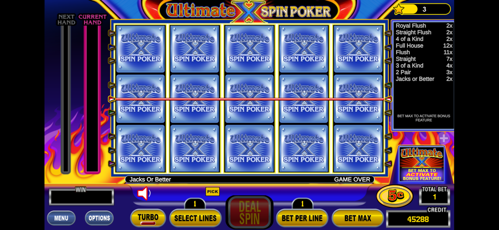Spin Poker™ - Casino Games - Screenshot of Ultimate X Spin Poker gameplay with Jacks or Better paytable