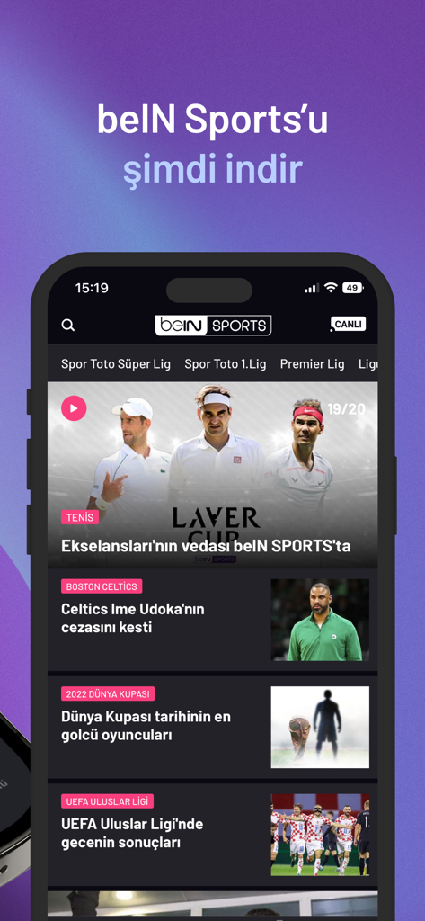 Interfaz móvil de la aplicación beIN SPORTS TR mostrando un feed de noticias con artículos sobre tenis, fútbol y baloncesto