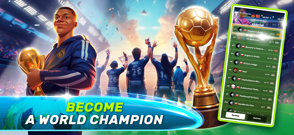 Soccer Clash: Football Game - Un jugador de fútbol sosteniendo un trofeo dorado junto a una tabla de clasificación de equipos móviles.