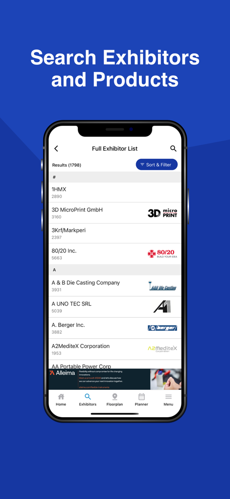 MD&M West 2026 - Mobile phone screen showing the exhibitor search results in the MDM West 2026 event app
