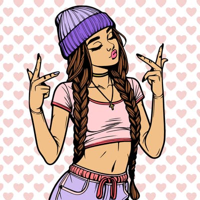 realistic teenage girl with braids and a beanie and crop top doing 🫶🏼
