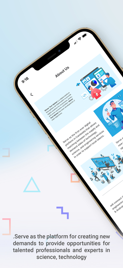 Khmer Tech Market - About Us screen of the Khmer Tech Market app showing mission details and illustrations