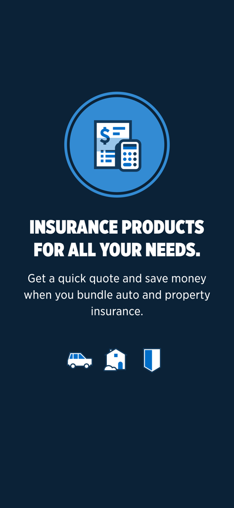 USAA Mobile insurance products screen showing options to bundle auto and property insurance for savings