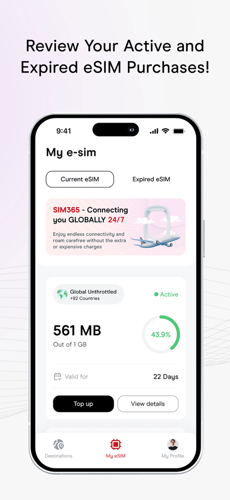 sim365 - Interface of the sim365 app showing active eSIM data usage and plan validity