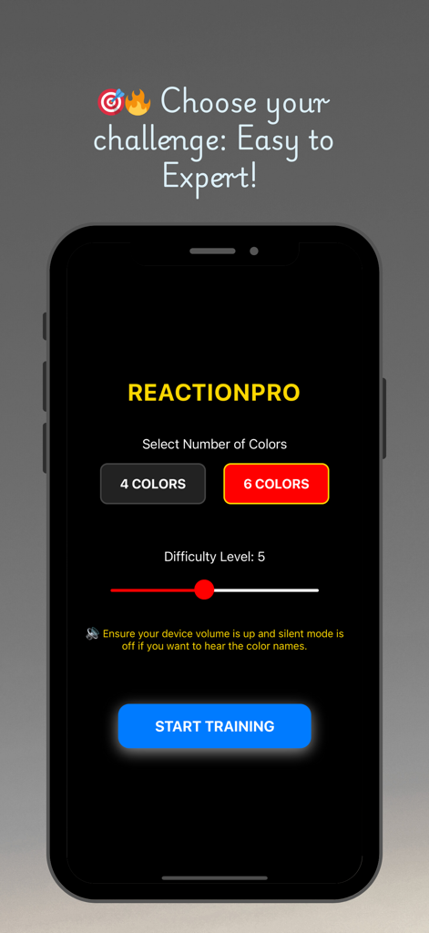 ReactionPro - ReactionPro 앱 화면으로 색상 선택 및 난이도 설정 표시