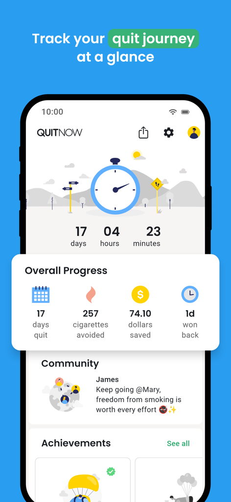 QuitNow app interface displaying smoke-free time cigarettes avoided and money saved statistics
