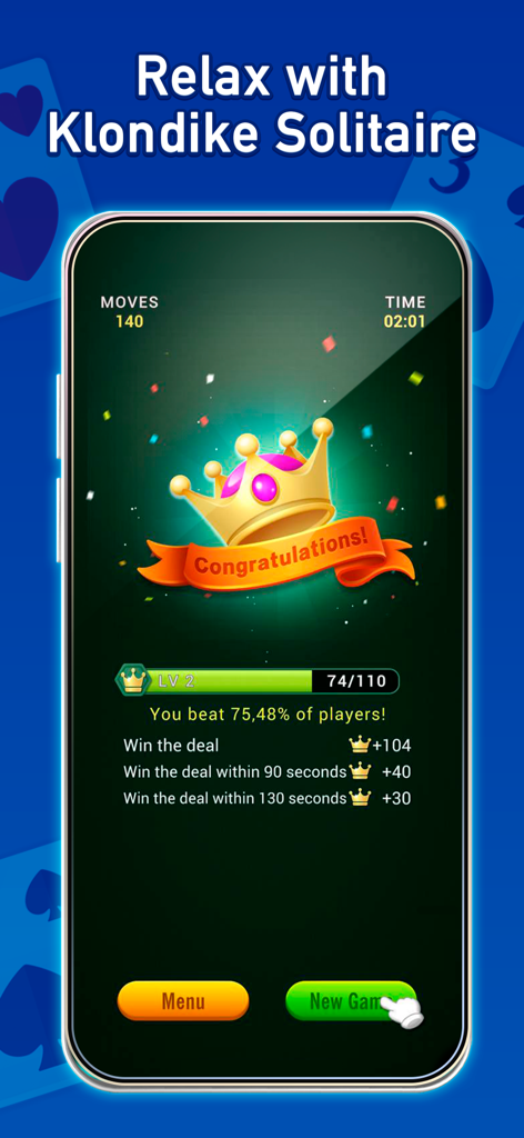 Solitaire: Classic Cards Games - Win screen of Klondike Solitaire app featuring a golden crown and game statistics