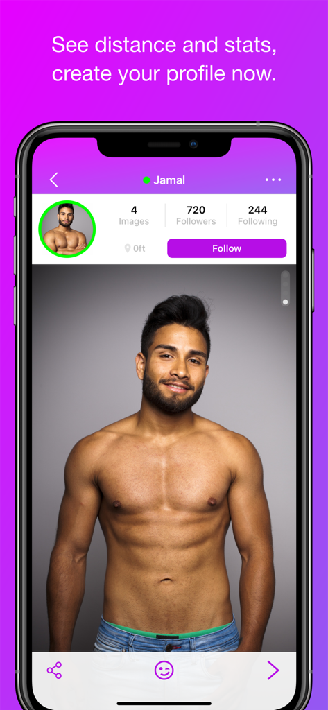 A user profile on the Shuggr social app showing follower stats and distance information.