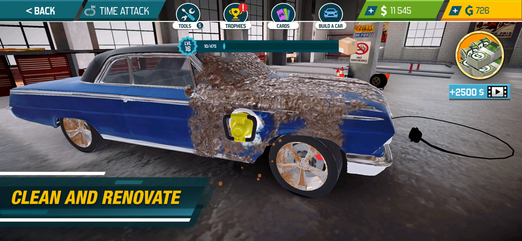 A blue car in a garage partially covered in mud being cleaned with a power tool in Car Mechanic Simulator 21