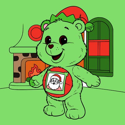 a carebear with a santa hat photo on it's belly and a elf hat on it's  head