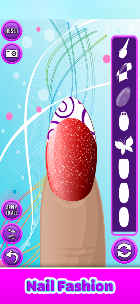 Nail Salon - Paint & Decorate - A close-up of a virtual nail design with red glitter polish and purple swirls in the Nail Salon app.