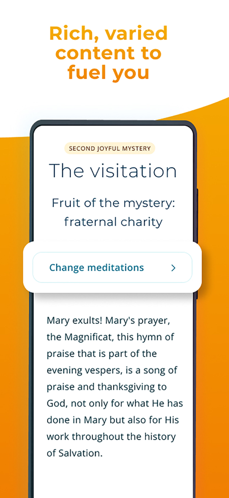 Rosario - Pray the Rosary - Una schermata di meditazione nell'app Rosario che mostra il mistero della visitazione e il suo frutto spirituale