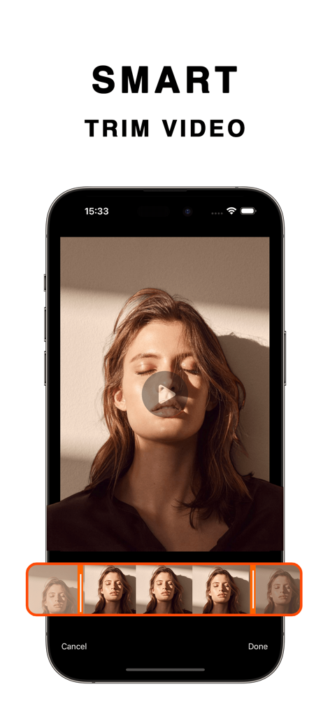 Video Compressor & Converter - 정밀한 비디오 클리핑을 위한 스마트 트리밍 비디오 편집 인터페이스를 표시하는 스마트폰 화면