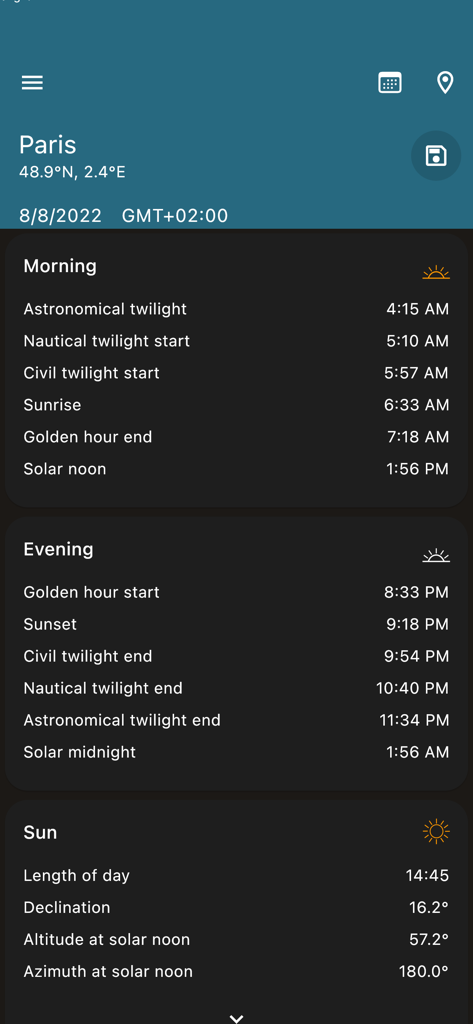 Sun Position Sunrise & Sunset - Detailed sunrise, sunset, and solar information screen in the Sun Position app