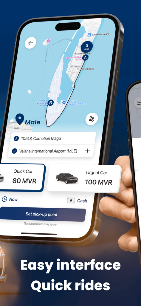 Quick Mv: Maldives Taxi, Male - Smartphone screen showing the Quick Mv app interface for booking a taxi in Male, Maldives, with car options and pricing to the airport.