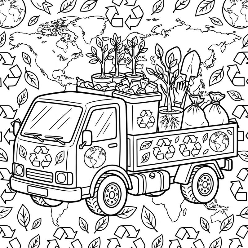 Embark on an eco-friendly adventure with this vibrant coloring page featuring a flatbed truck ready for Earth Day action. Discover elements of recycling, planting, and global care as you bring this scene to life with your colors.