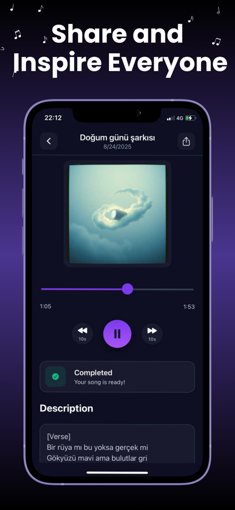 Smartphone screen showing a completed AI generated song in the SkyBeat app with lyrics and playback controls.