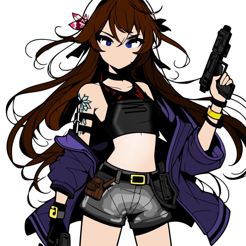 bad girl wearing crop top holding a gun long hair anime