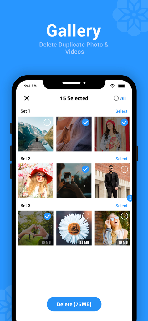 Interface of the Gallery Lock app showing a feature to select and delete duplicate photos and videos to save storage space