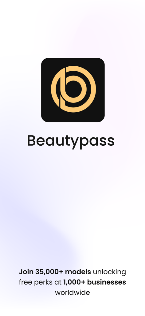 Beautypass - Beautypass splash screen displaying the brand logo and a call to action for models to unlock free perks