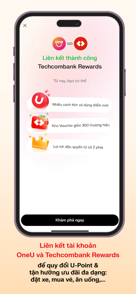 OneU: Thanh toán & nhận ưu đãi - Un écran mobile montrant le lien réussi entre OneU et Techcombank Rewards pour la conversion de points et les bons
