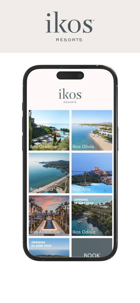 Ikos Resorts app screen showing a grid of luxury Mediterranean resort locations