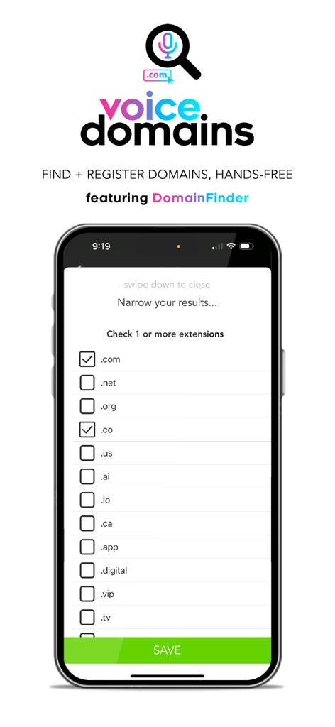 Voice Domains - Pantalla de la aplicación Voice Domains que muestra una lista de verificación de extensiones de dominio como punto com y punto net